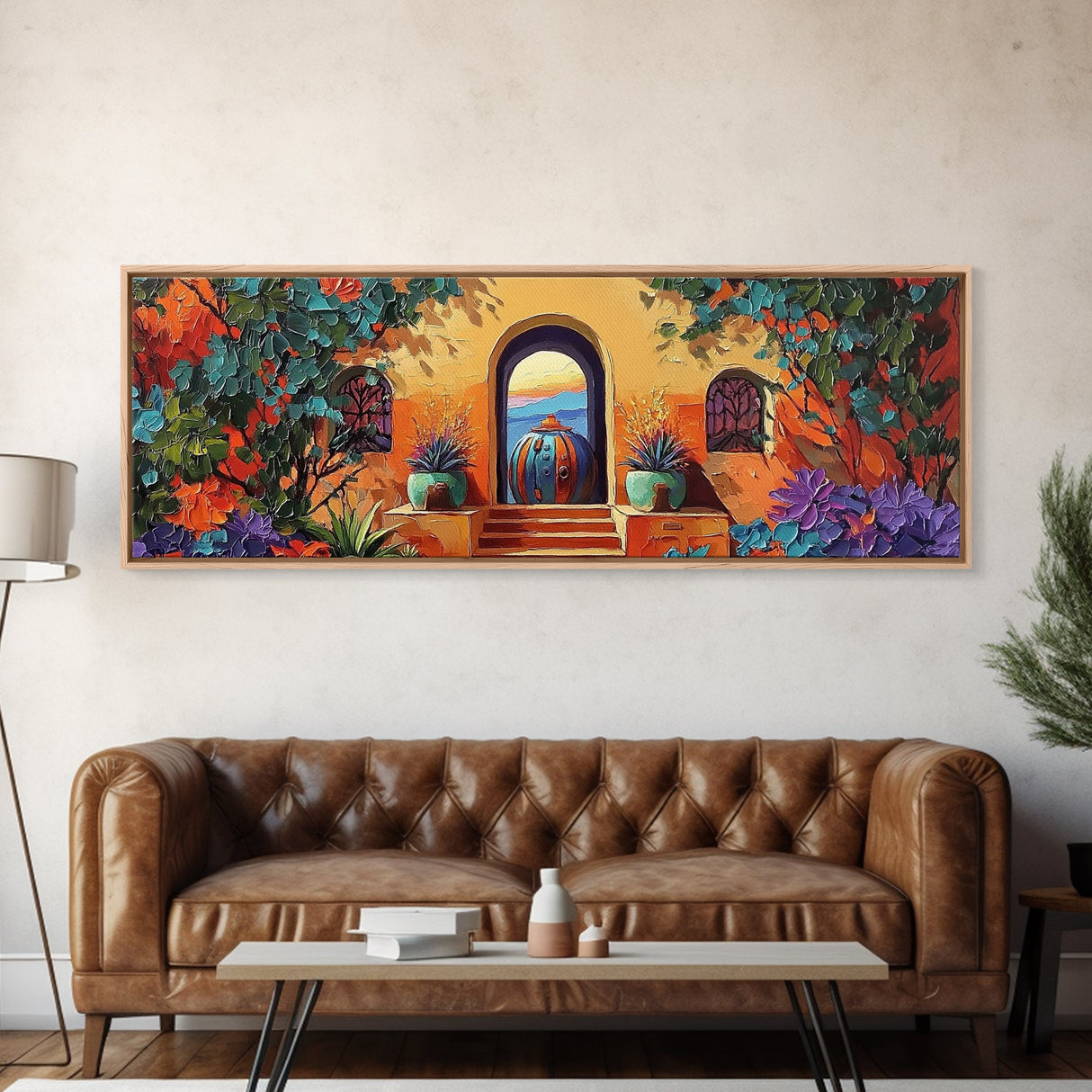 Spanish Courtyard Art, Terracotta Walls, Framed Canvas Print, Vibrant Southwest Decor, Patio Wall Art, Mediterranean Boho Style