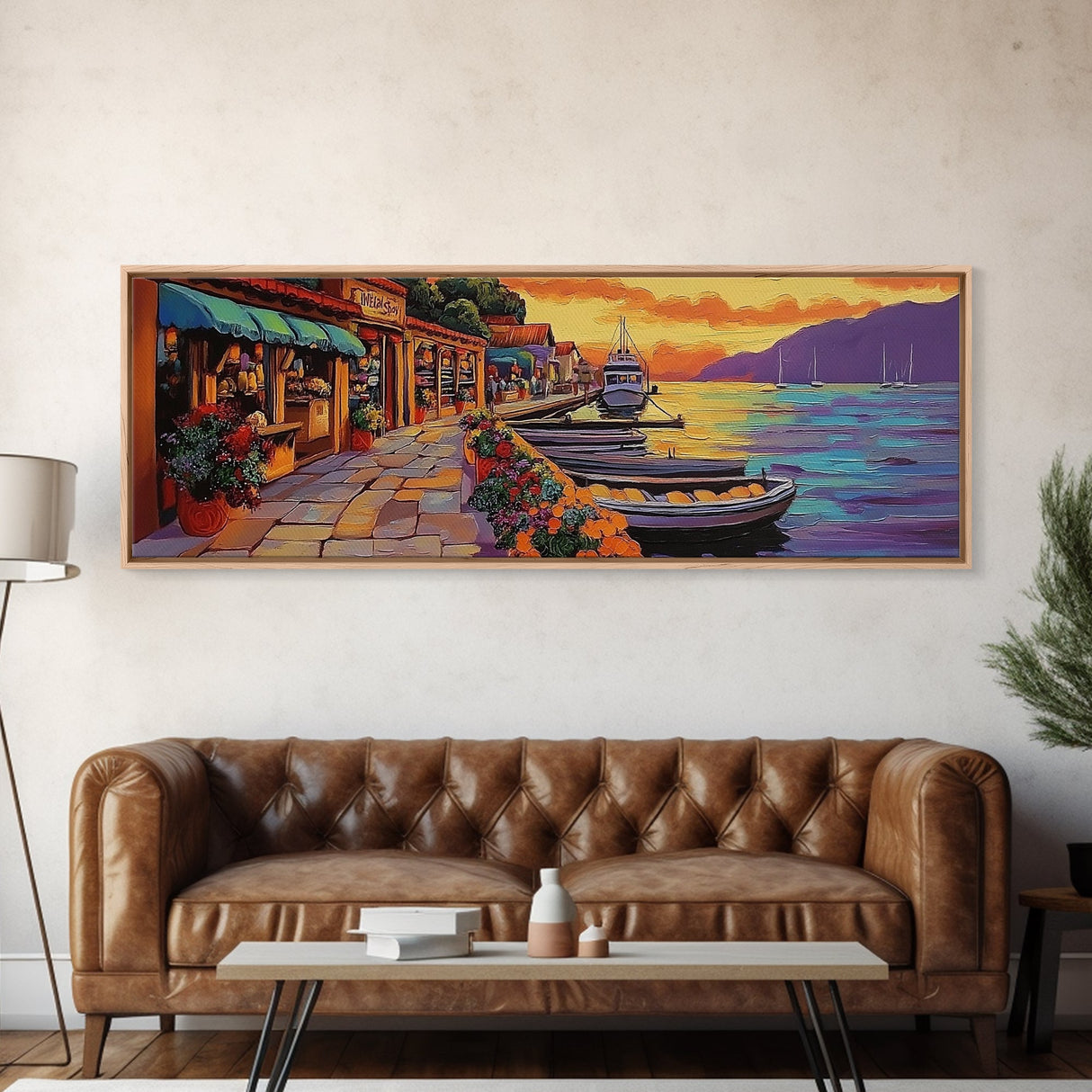 Harbor Village Sunset, Vibrant Coastal Town Painting, Mediterranean Art, Kitchen or Hallway Decor Framed Canvas Print, Beach House Wall Art