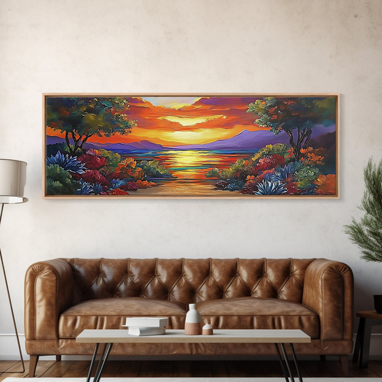 Tropical Sunset, Coastal Trees, Vibrant Horizon, Colorful Evening, Canvas Print, tropical paradise wall art, sunset lover gift