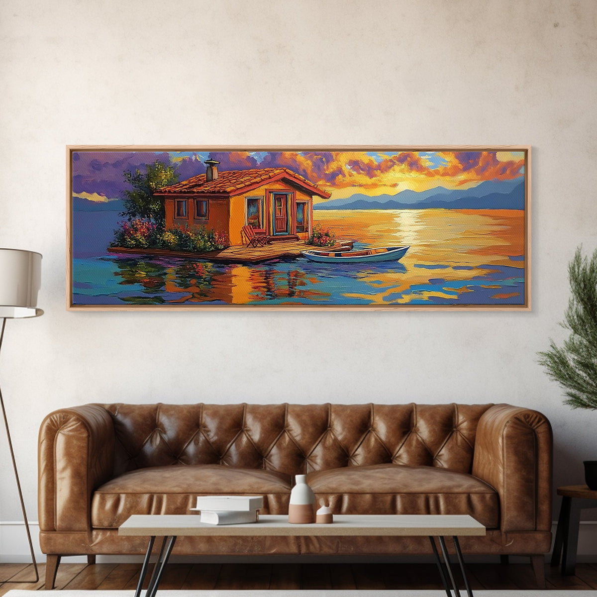 Floating Home, Lake Sunset, Tranquil Retreat, Framed Canvas Print, peaceful wall art, waterfront decor, lakehouse artwork