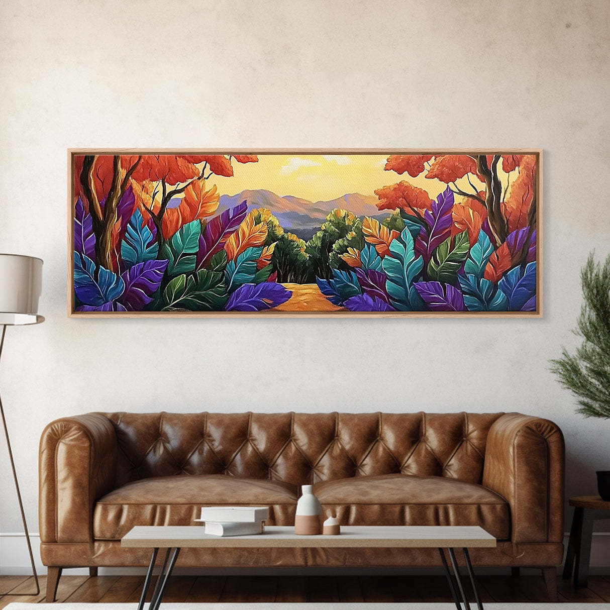 Autumn Forest Path, Colorful Fall Foliage Trail, Vibrant Nature Design, Framed Canvas Print, Cozy Hallway Art, Fall Living Room