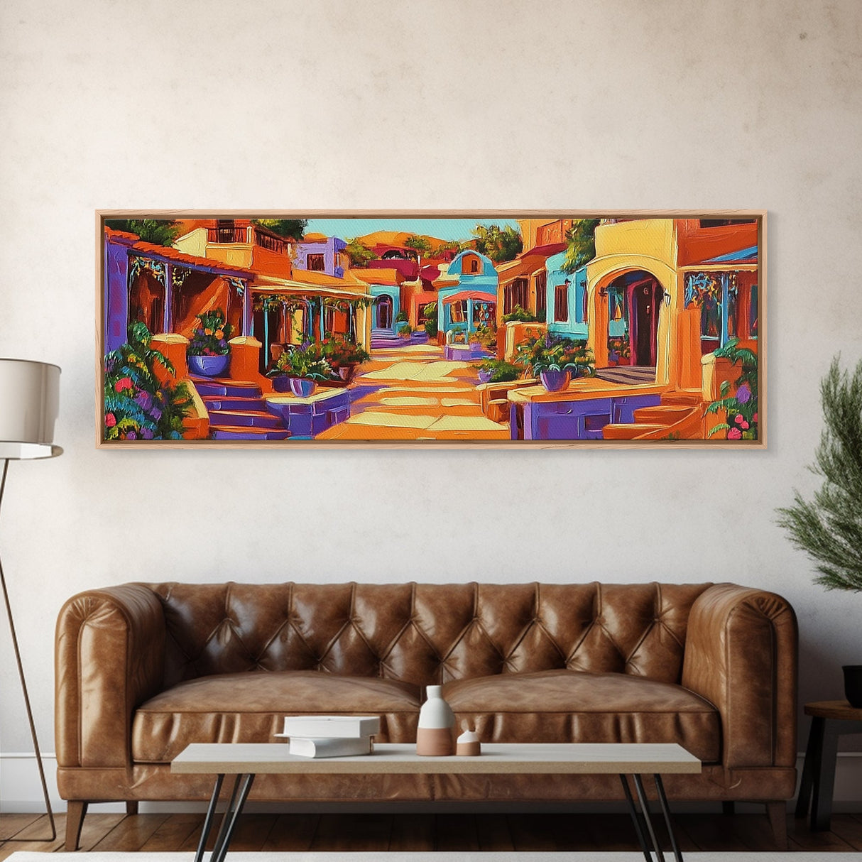 Colorful Village Lane, Bright Street Scene, Adobe Style Architecture, Framed Canvas Print, Boho Entryway Wall Art, Kitchen Decor