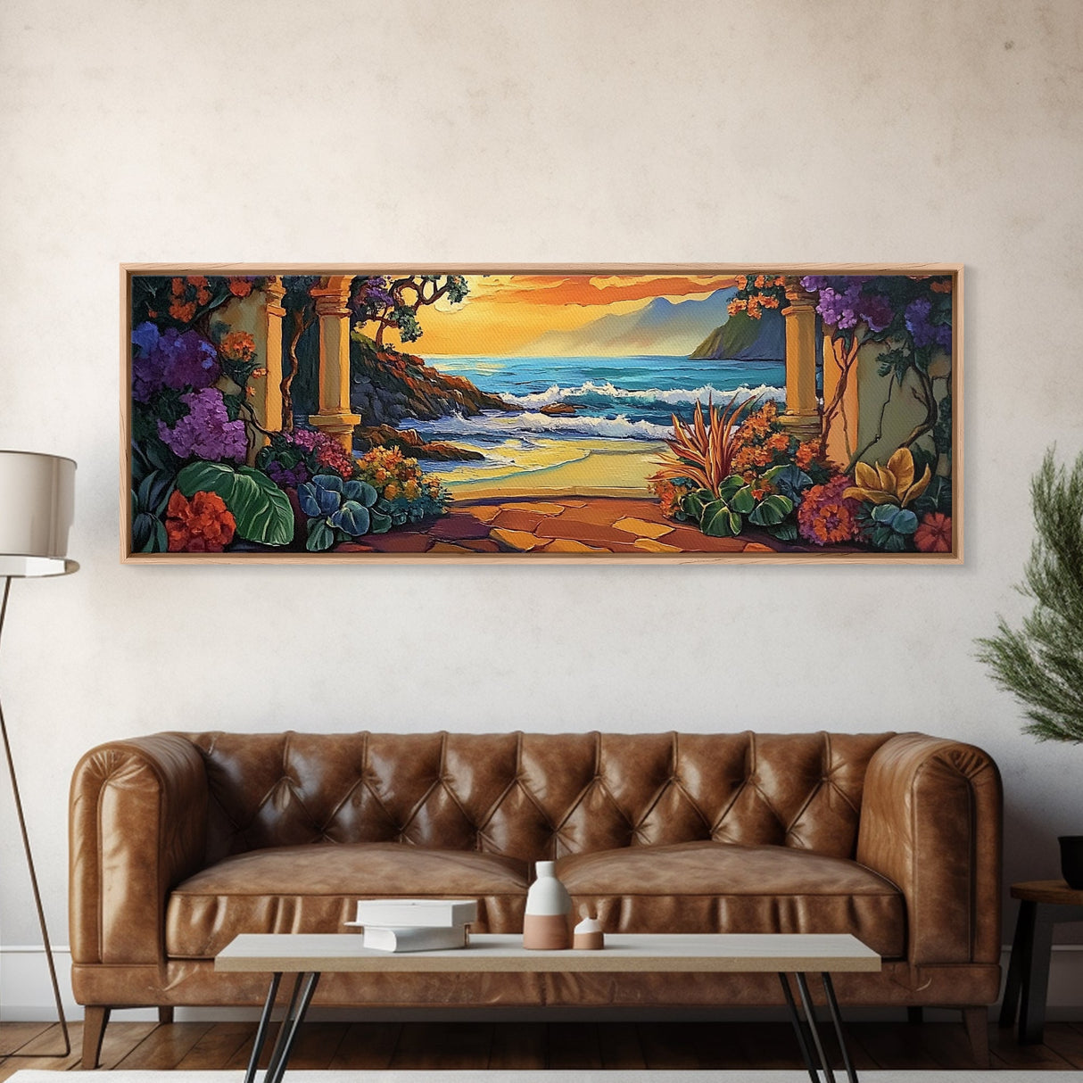 Ocean Escape, Sunset Garden, Floral Coastal Scene, Mediterranean Vibes, Framed Canvas Print, Kitchen Wall Art, Bold Color Artwork