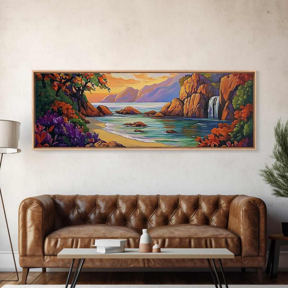 Waterfall Cove, Sunset Seascape, Tropical Paradise, Nature Retreat, Framed Canvas Print, Bathroom Wall Art, Vibrant Coastal Art
