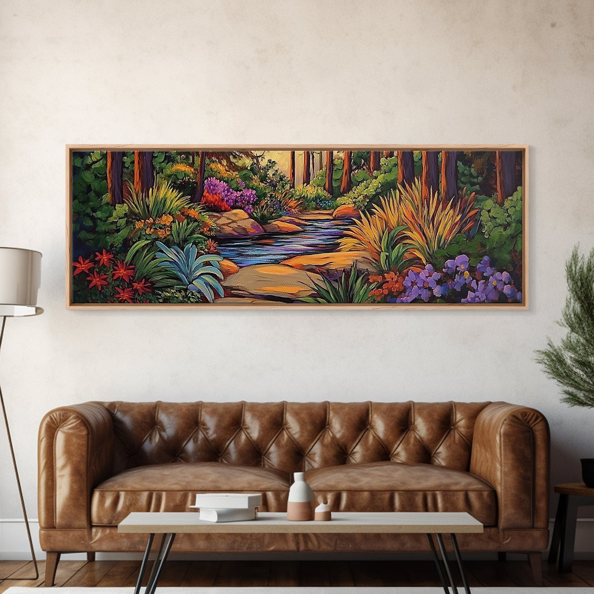 Woodland Path, Peaceful Stream, Vibrant Forest, Tranquil Nature, Framed Canvas Print, Office Wall Art, Nature Trail Decor