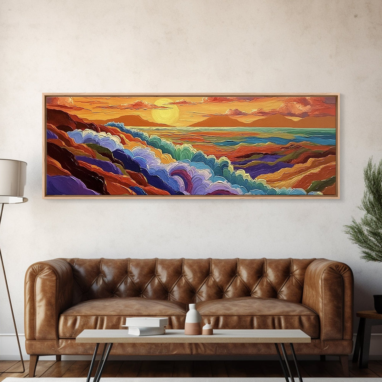 Rainbow Waves, Abstract Seascape, Sunset Magic, Bold Ocean Energy, Framed Canvas Print, Modern Wall Art, Artistic Living Room Decor