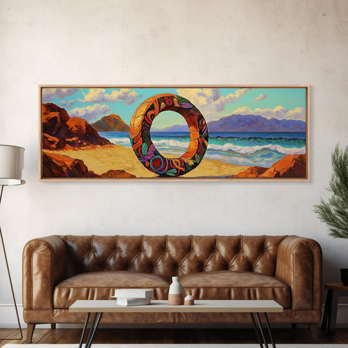 Vibrant Ocean Ring, Bold Coastal Art, Fantasy Beach Scene, Canvas Print, Modern Living Room Wall Art, Surreal Landscape Art