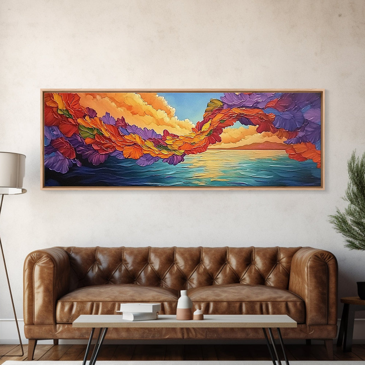 Flower Archway, Colorful Sky, Seaside Sunset, Whimsical Decor, Framed Canvas Print, Romantic Living Room Wall Art