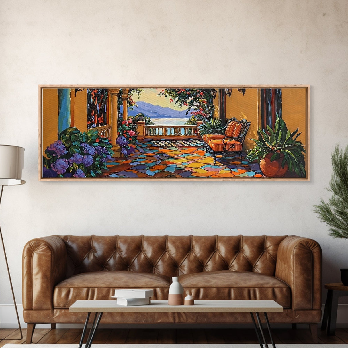 Garden Balcony, Mediterranean Villa, Sunset View, Cozy Terrace, Canvas Print, Tuscan Decor, Romantic Outdoor Wall Art