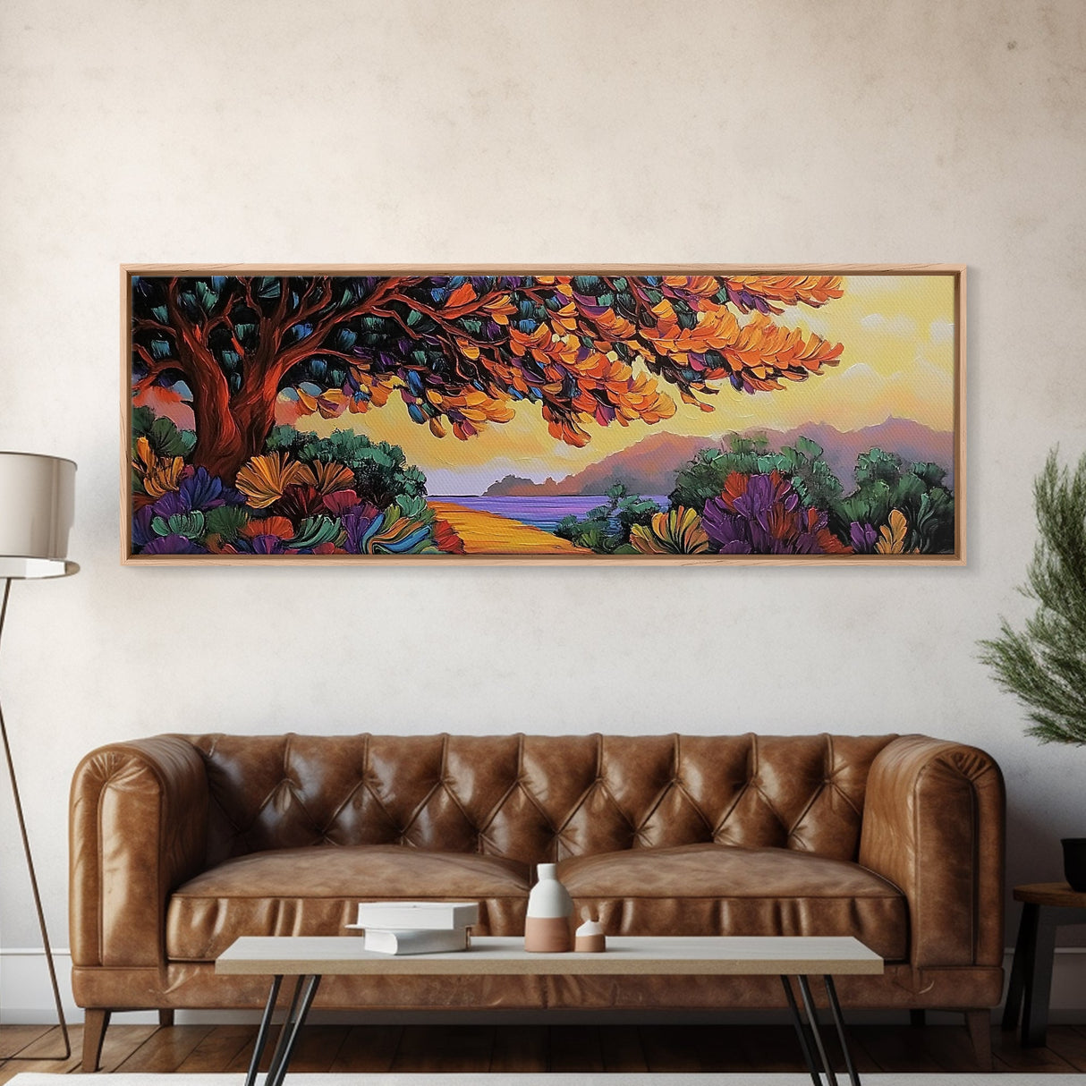Autumn Tree Path, Sunset Landscape, Nature Art, Framed Canvas Print, Fall wall art, colorful art, boho decor, living room wall art