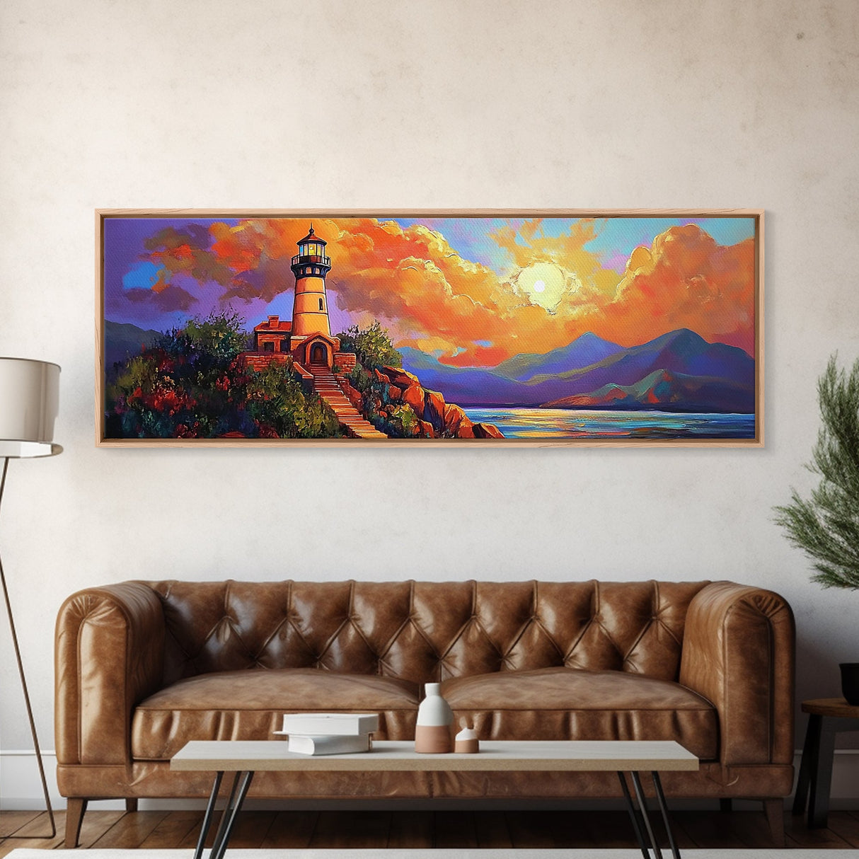 Lighthouse Sunset, Coastal Path, Mountain Horizon, Framed Canvas Print, nautical wall art, romantic sunset, boho living room decor