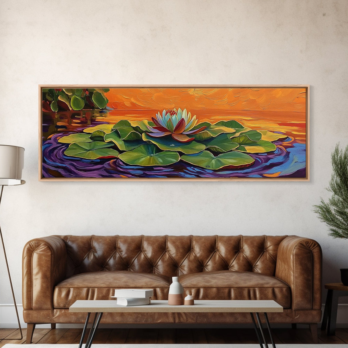 Lotus Flower, Serene Sunset, Water Lily, Zen Art, Framed Canvas Print, spa wall decor, yoga room art, calming peaceful painting