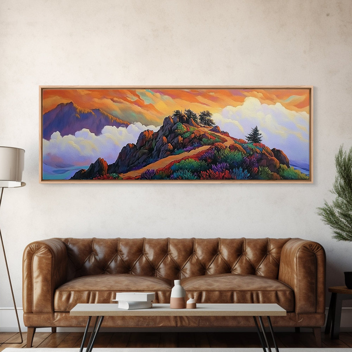 Mountain Peak Trail, Vibrant Sunset Hike Scene, Nature Adventure Wall Art, Framed Canvas Print, Boho Office or Den Decoration