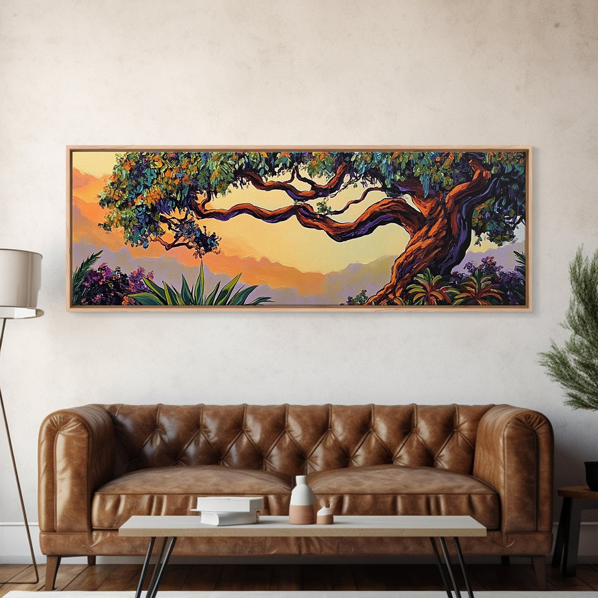 Majestic Tree Sunset, Enchanted Forest Landscape, Whimsical Nature Wall Art, Framed Canvas Print, Zen Bedroom or Entryway Decor