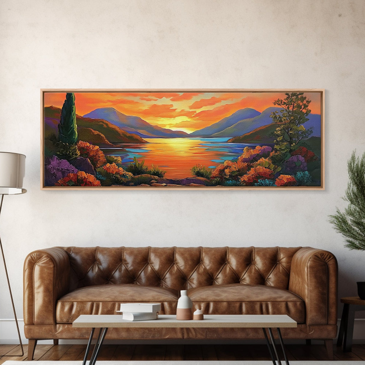 Mountain Sunset Lake, Bold Nature Landscape, Vibrant Water Reflection, Framed Canvas Print, Rustic Living Room or Cabin Wall Art
