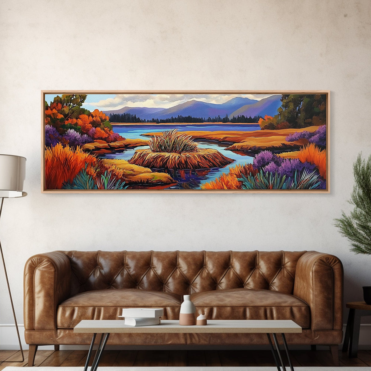Autumn Lake, Purple Trees, Fall Landscape, Colorful Reflections, Framed Canvas Print, Cabin Wall Art, Cozy Fall Decor, Nature Inspired