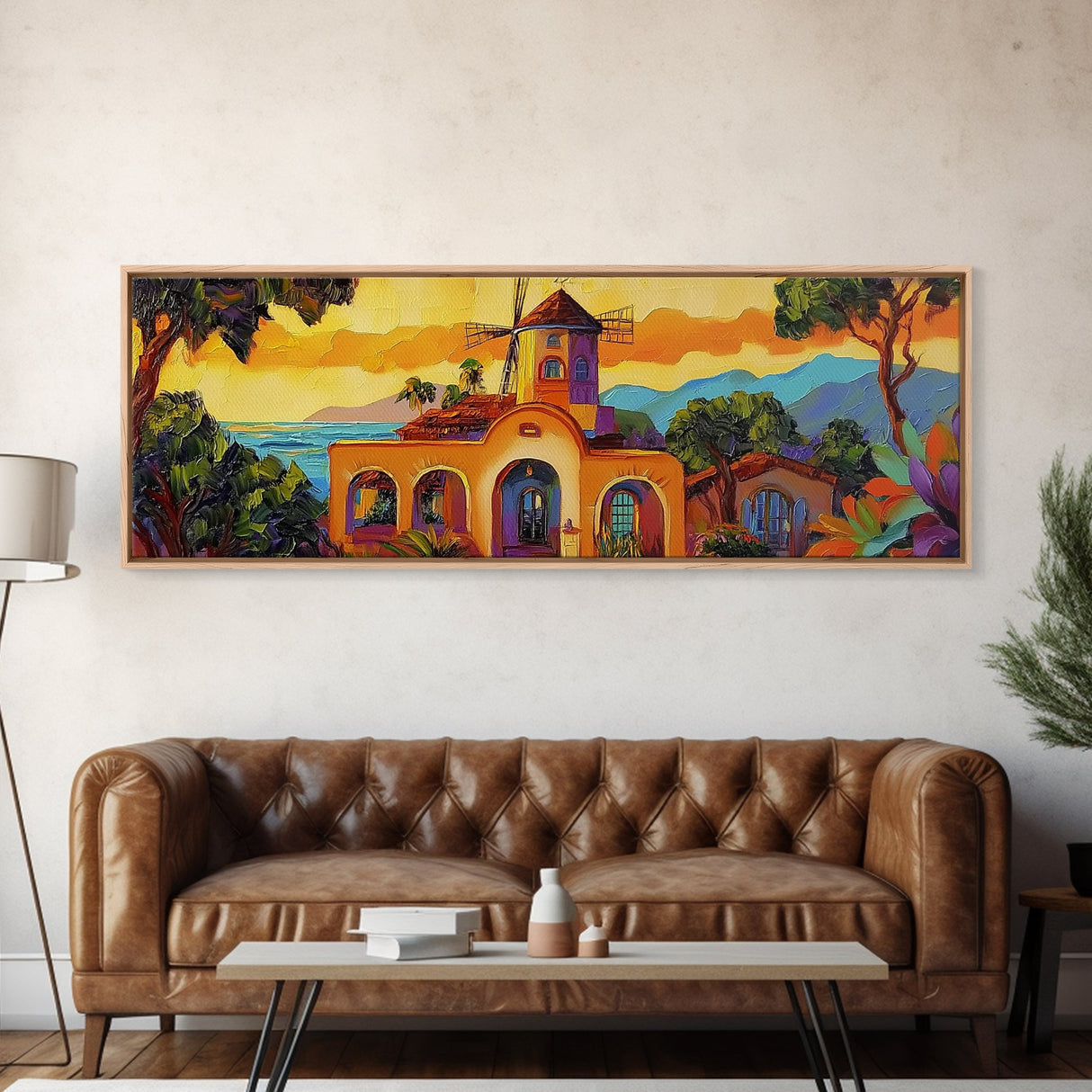 Sunset Windmill, Coastal Hills Art, Tropical Landscape Decor, Warm Color Wall Art, Living Room Accent, Framed Canvas Print