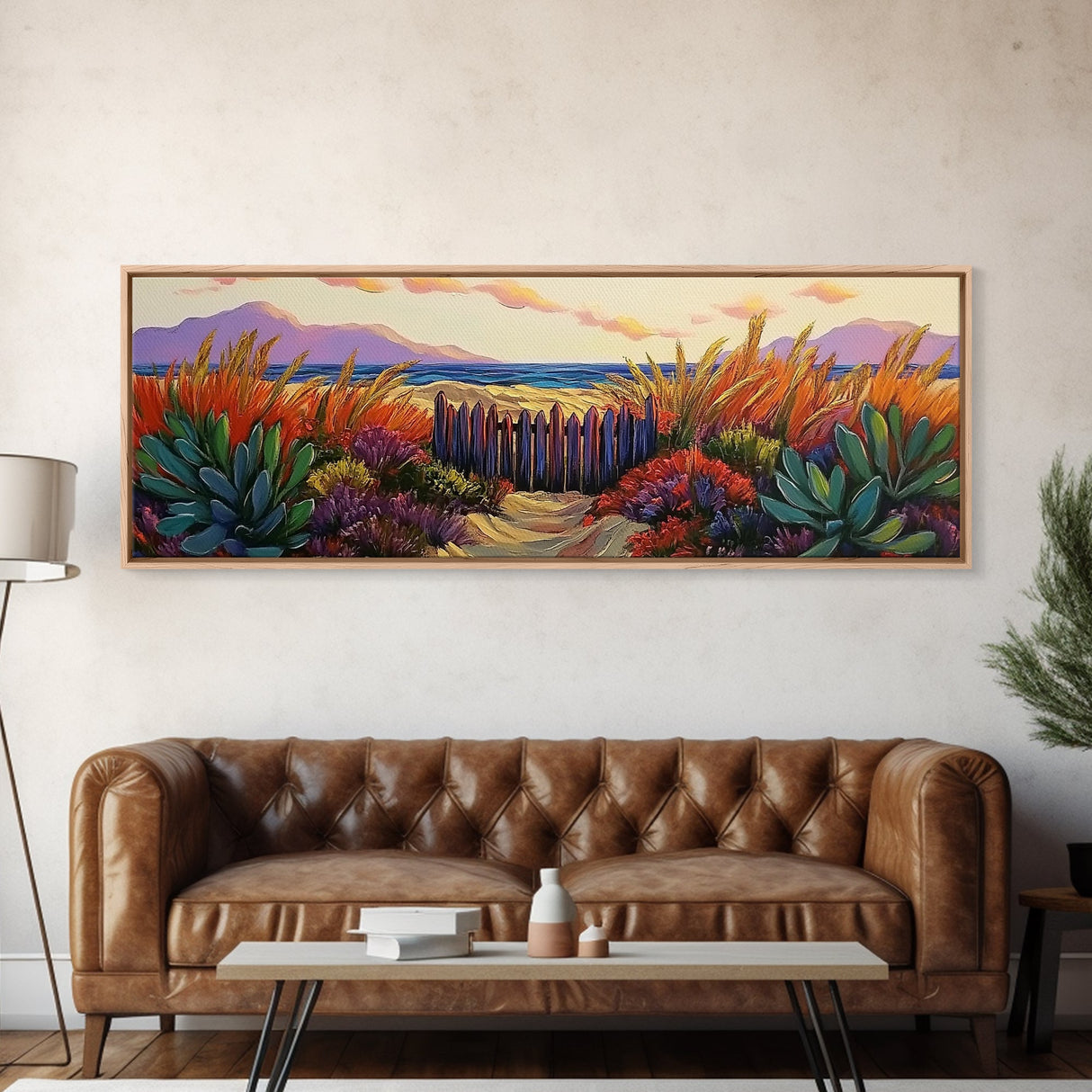 Beach Fence, Sunset Shore, Autumn Grass, Serene Dunes, Framed Canvas Print, Boho Coastal Art, Bedroom Tranquil Wall Decor