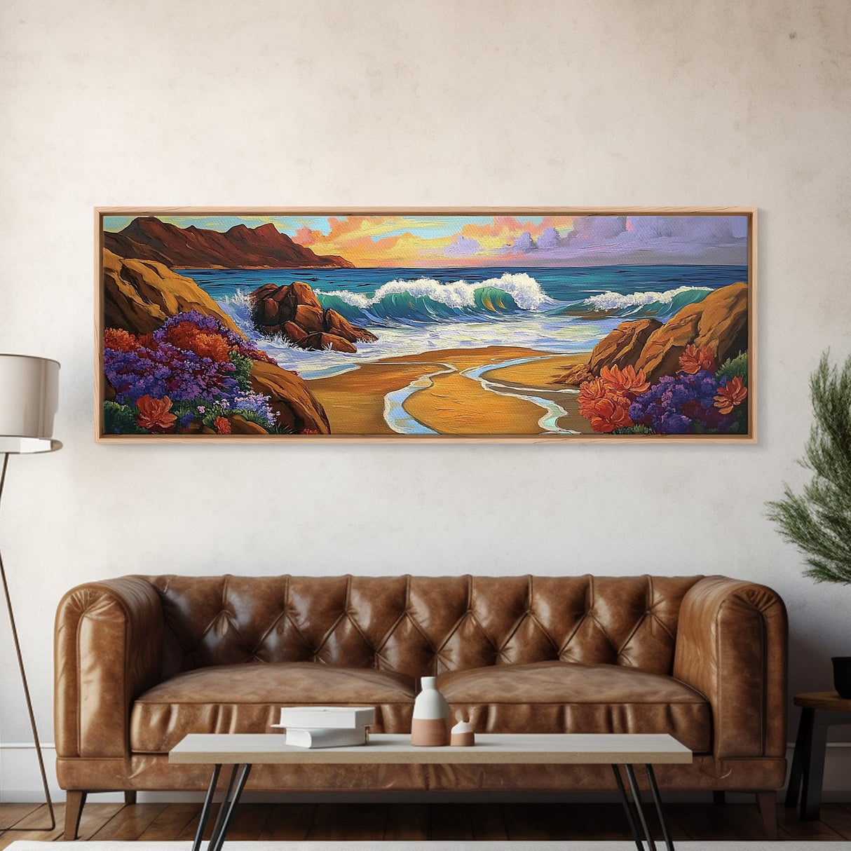 Coastal Wave, Bold Surf, Rocky Sunset, Flower Shoreline, Framed Canvas Print, Nautical Art, Bathroom Beach Landscape Decor