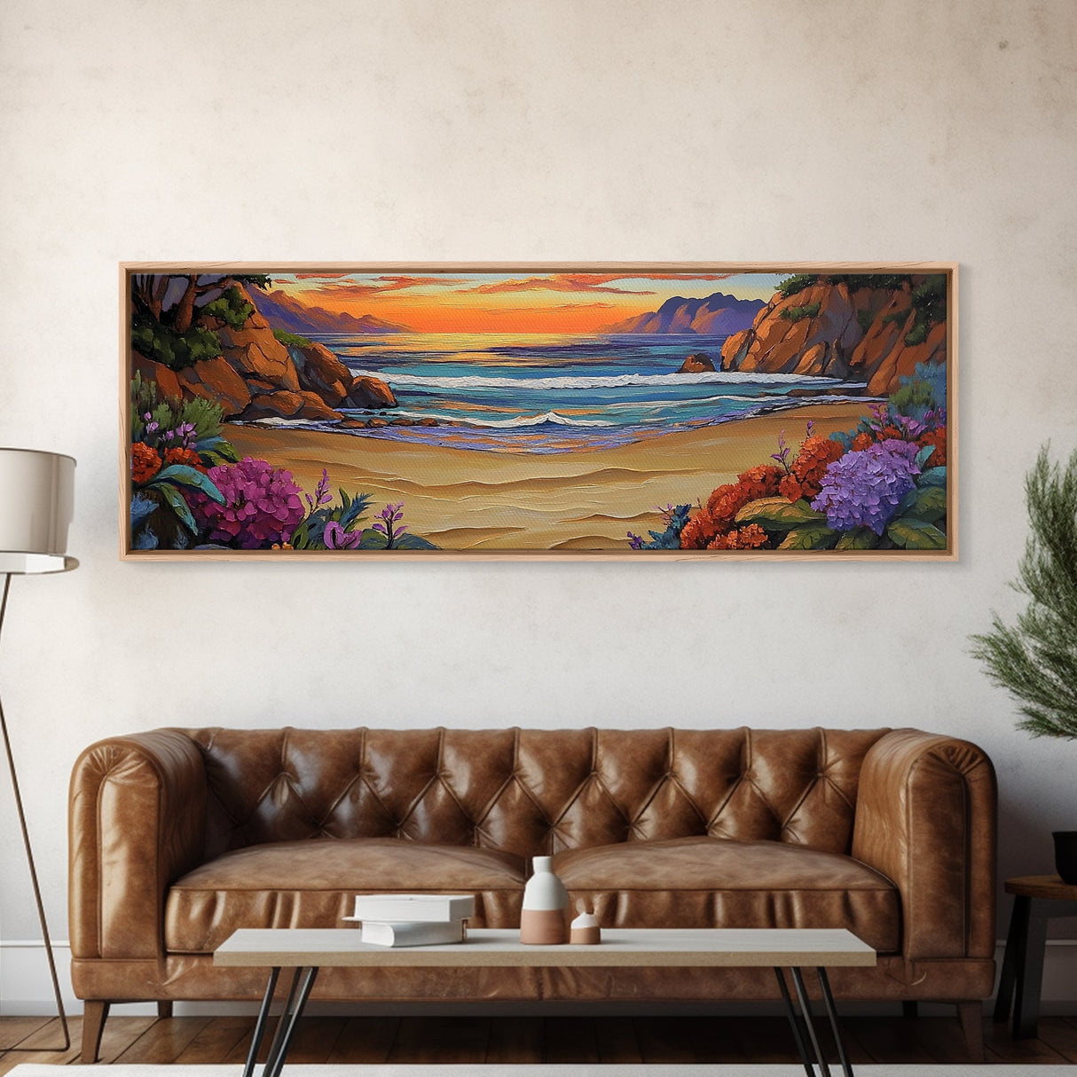 Tranquil Beach Sunset, Colorful Coastal Scene, Ocean Cliff View, Floral Accents, Framed Canvas Print, Dining Room art, Office Art