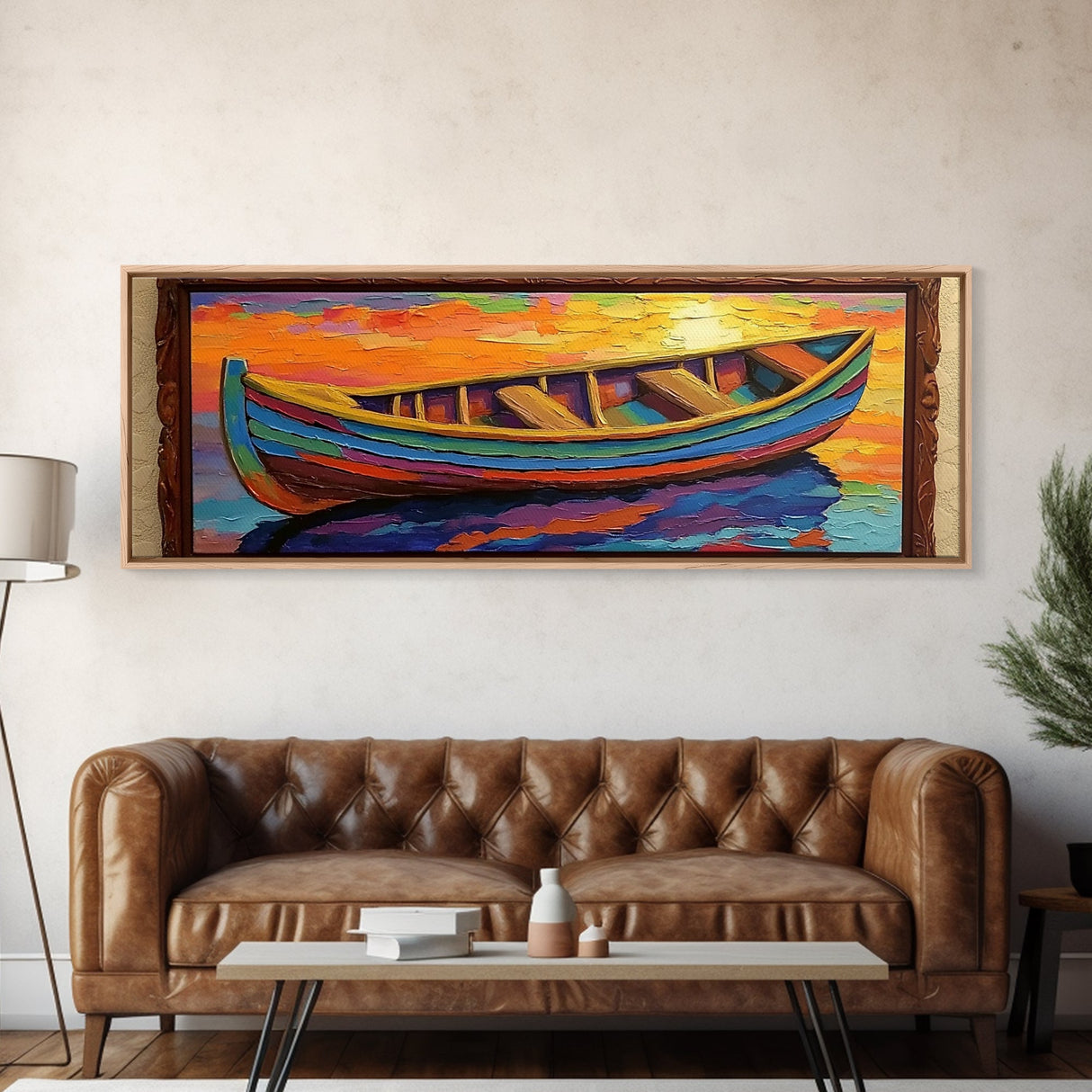 Colorful Boat, Sunset Reflection, Vibrant Seascape, Canvas Print, Nautical Living Room Wall Art, Coastal Decor, Bold Modern Art