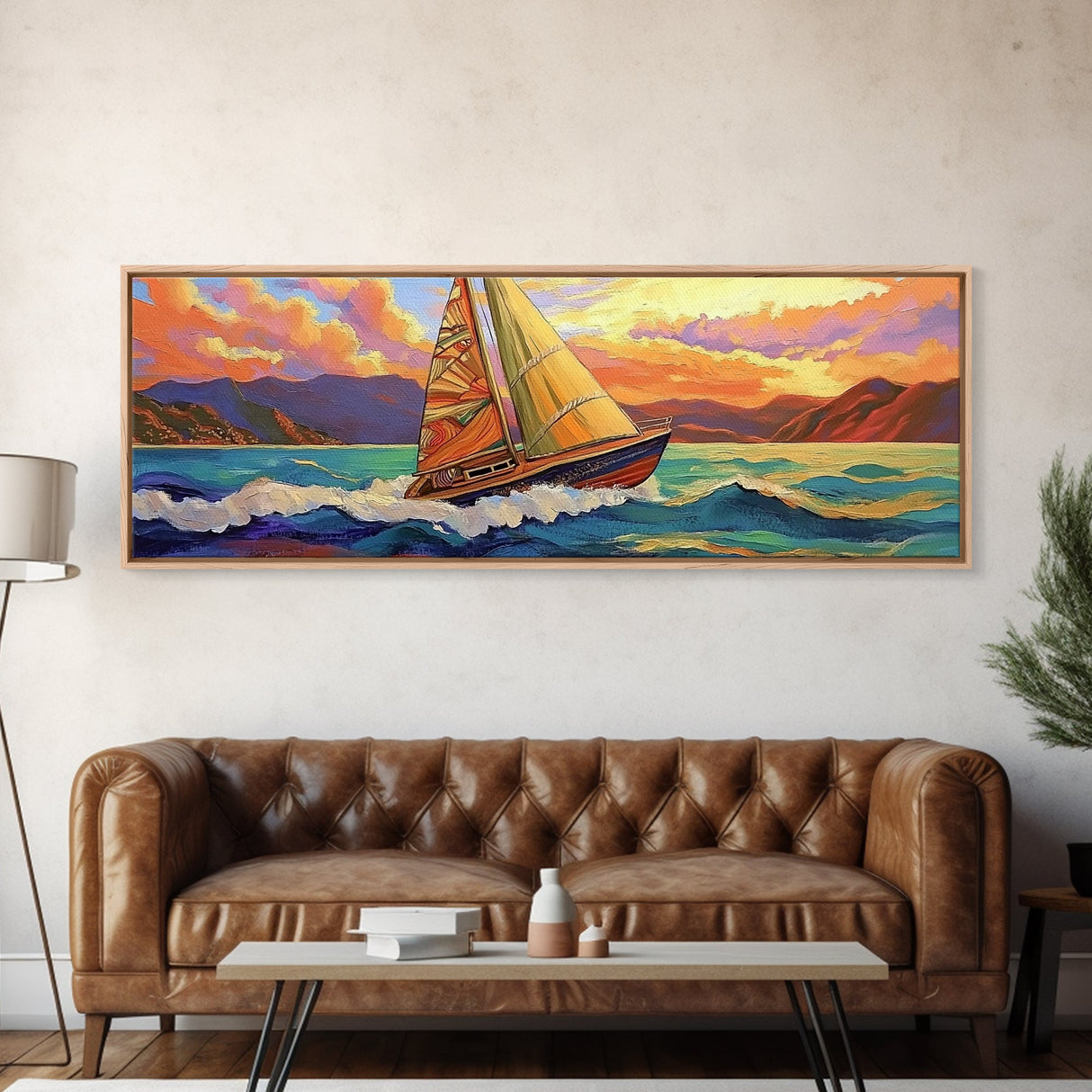 Sunset Sailboat, Coastal Art, Colorful Nautical Scene, Framed Canvas Print, Office Wall Decor, Sailing Gift, Ocean Wall Art