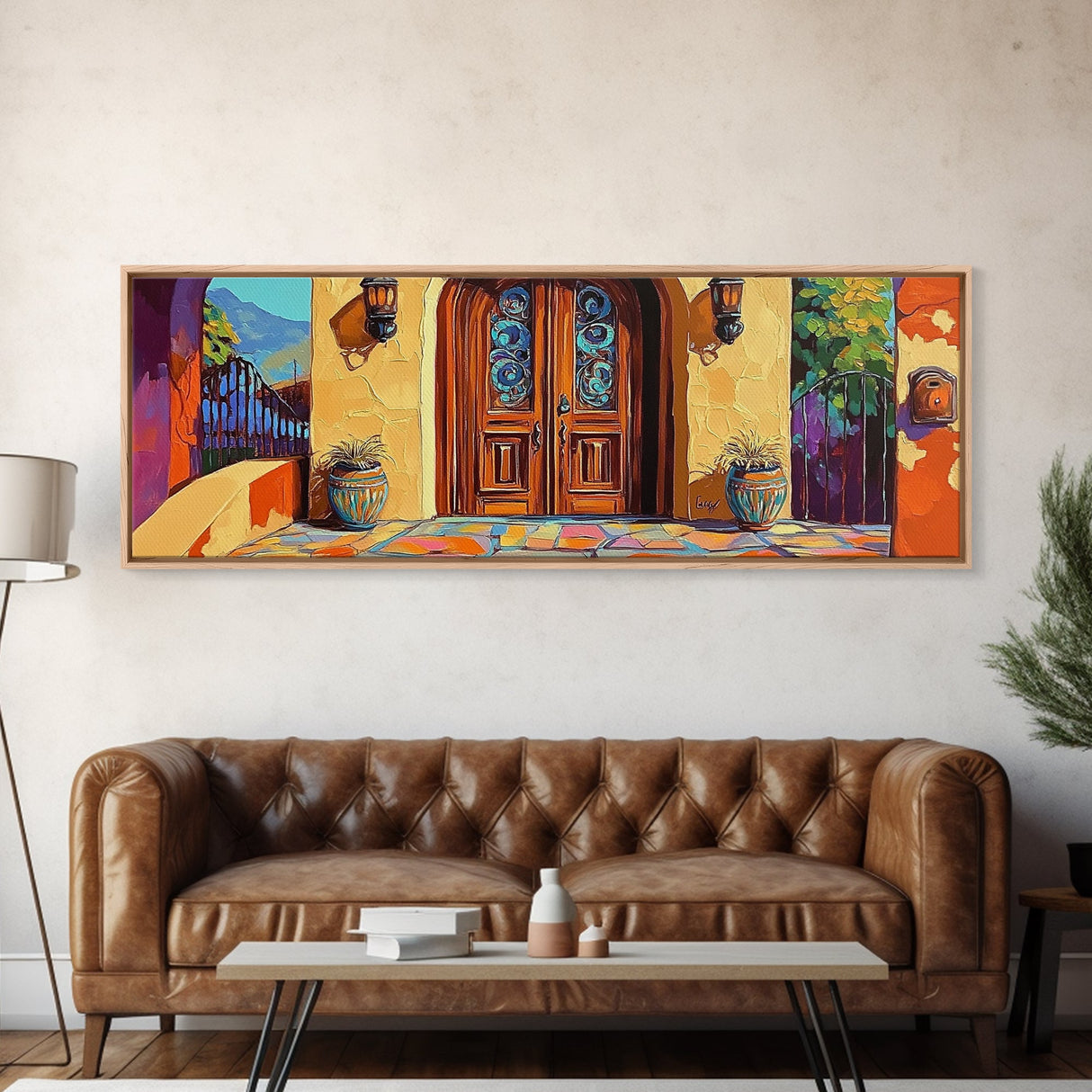 Spanish Doorway Scene, Rustic Entrance Art, Bold Exterior Decor, Framed Canvas Print, Hallway Wall Art, Mediterranean Style