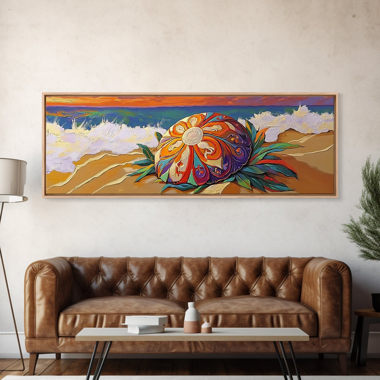 Sea Shell Flower, Ocean Breeze, Sunset Shoreline, Whimsical Beach Framed Canvas Print, Bathroom Wall Art, Tropical Coastal Art