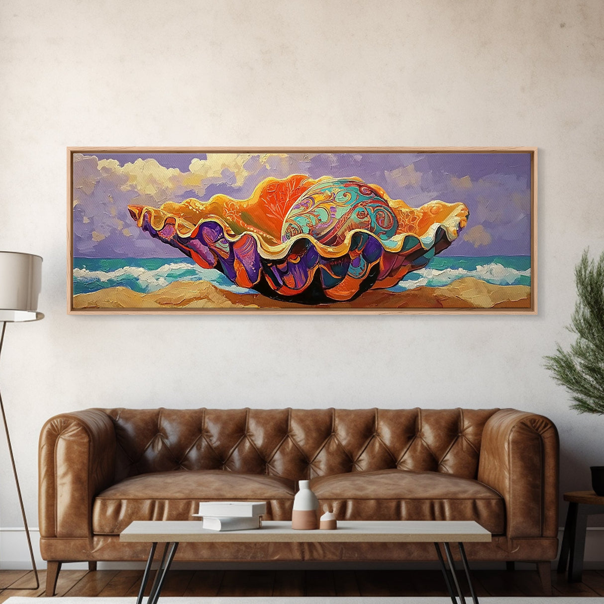 Sea Shell, Ocean Treasure, Vibrant Shell, Beach Fantasy, Framed Canvas Print coastal kitchen art, eclectic decor, colorful wall print