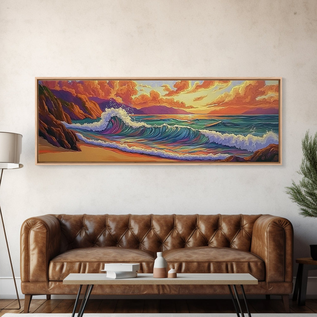 Sunset Surf, Rocky Coast, Vibrant Ocean, Evening Glow, Framed Canvas Print coastal bedroom art, surfer vibes, modern beach wall art