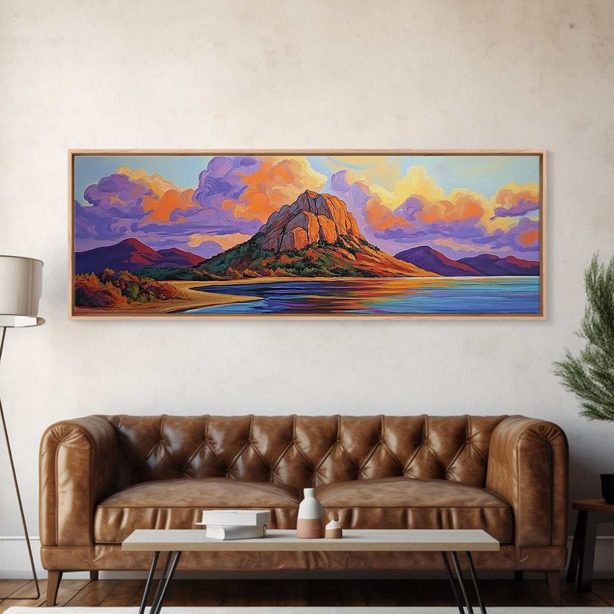 Mountain Coast, Sunset Glow, Majestic Landscape, Vibrant Horizon, Framed Canvas Print living room mountain wall art, rustic scenic decor