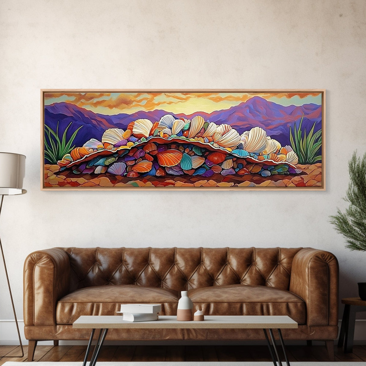 Colorful Shell Art, Coastal Mountain Decor, Ocean Nature Vibes, Beach Shell Wall, Framed Canvas Print, Living Room Coastal Boho Art