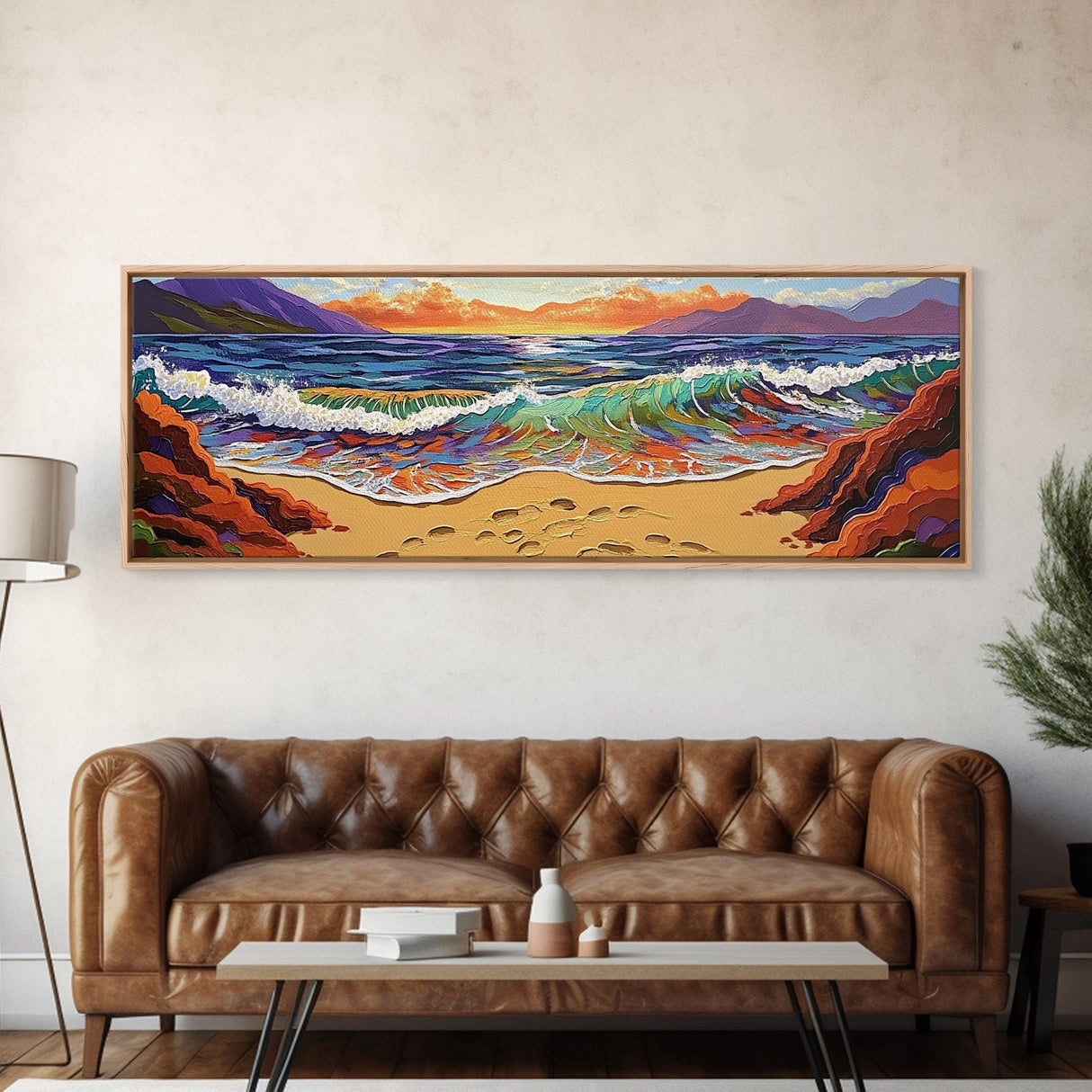 Sunset Shore View, Vibrant Ocean Wave, Footprints in Sand, Coastal Seascape Art, Framed Canvas Print, Beach House Wall Decor
