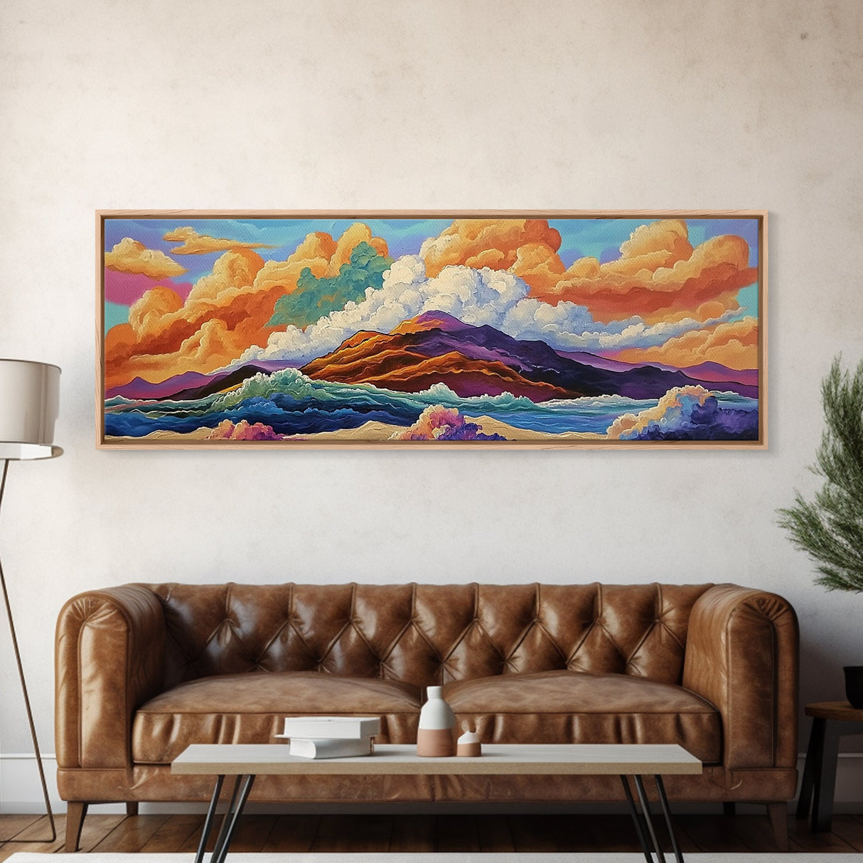 Mountain Coast, Color Clouds, Seaside Vibes, Framed Canvas Print, Tropical Landscape Art, Sunset Wall Decor, Bright Ocean Style