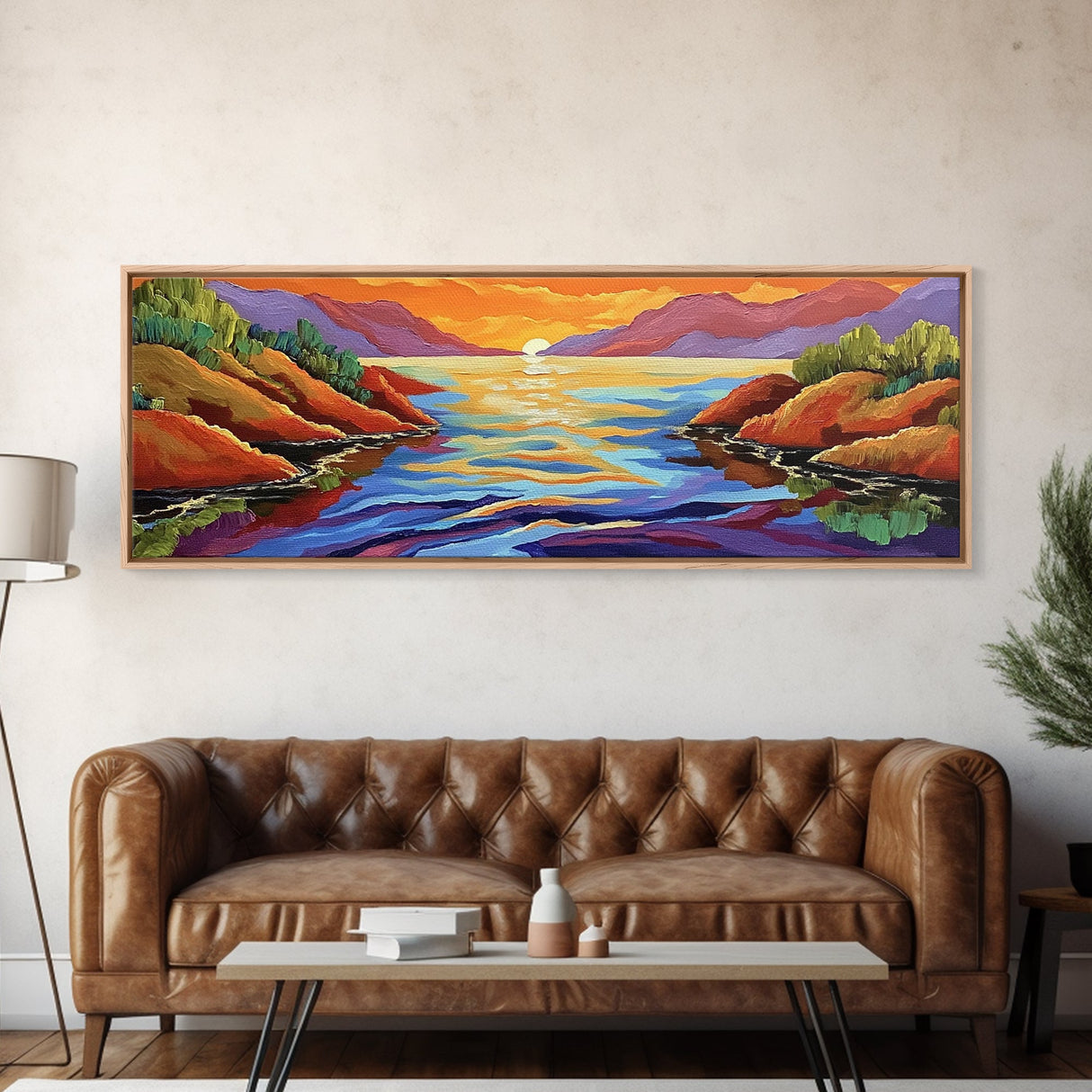 Sunset Lake, Mountain Reflection, Bold Colors, Canvas Print, Tranquil Landscape Art, Living Room Wall Decor, Nature Inspired Aesthetic