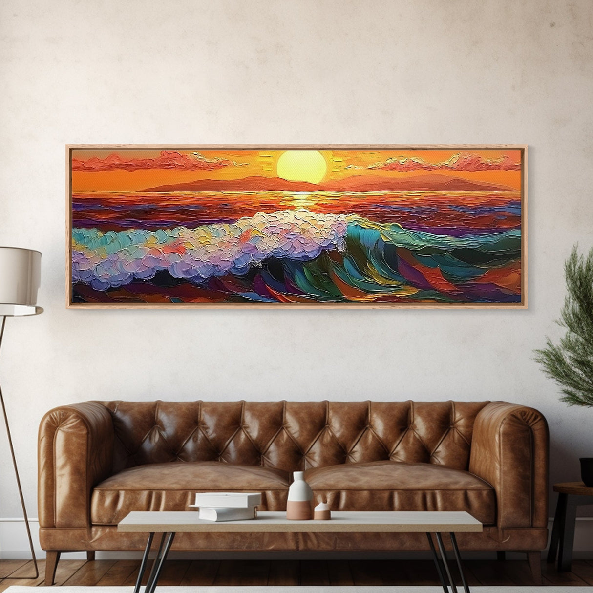 Vibrant Ocean Sunset, Textured Wave Painting, Modern Seascape Art, Framed Canvas Print, Coastal Living Wall Art, Boho Bedroom Decor