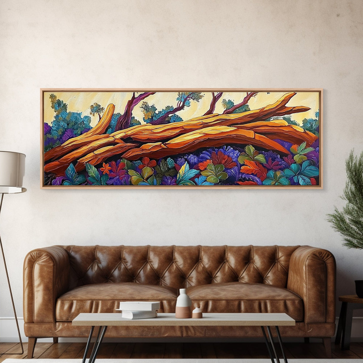 Vibrant Forest Scene, Autumn Landscape, Nature Wall Art, Framed Canvas Print, Rustic Decor, Cabin Artwork, Boho Fall Living Room Art