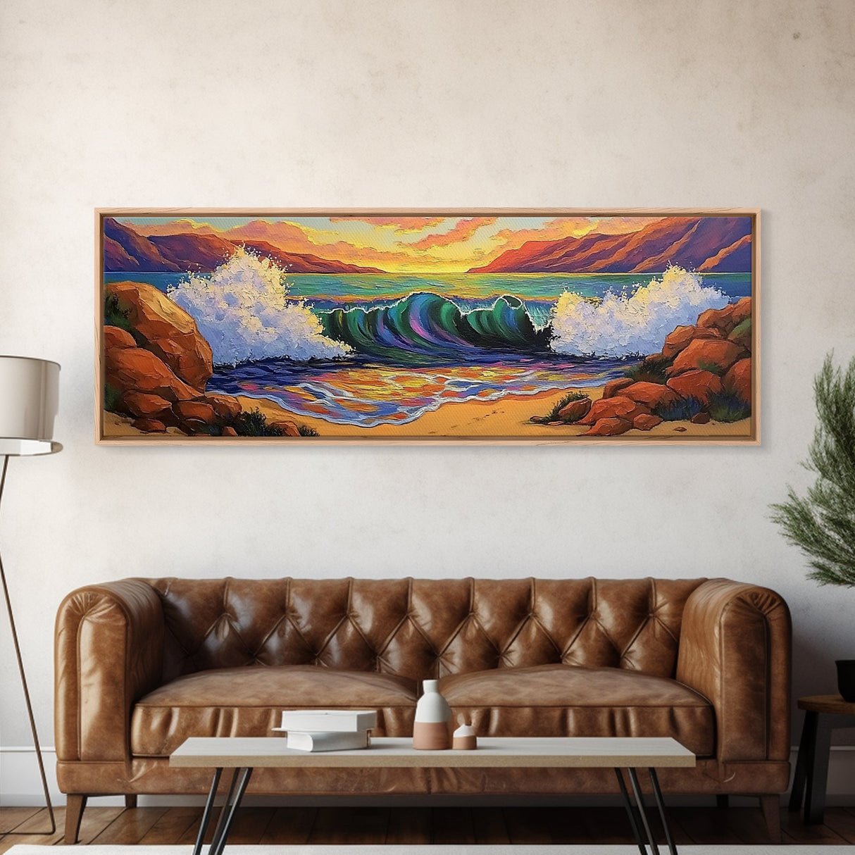 Ocean Power Crash, Colorful Seaside Painting, Bold Wave Art, Framed Canvas Print, Coastal Wall Decor, Beach House Living Room Style