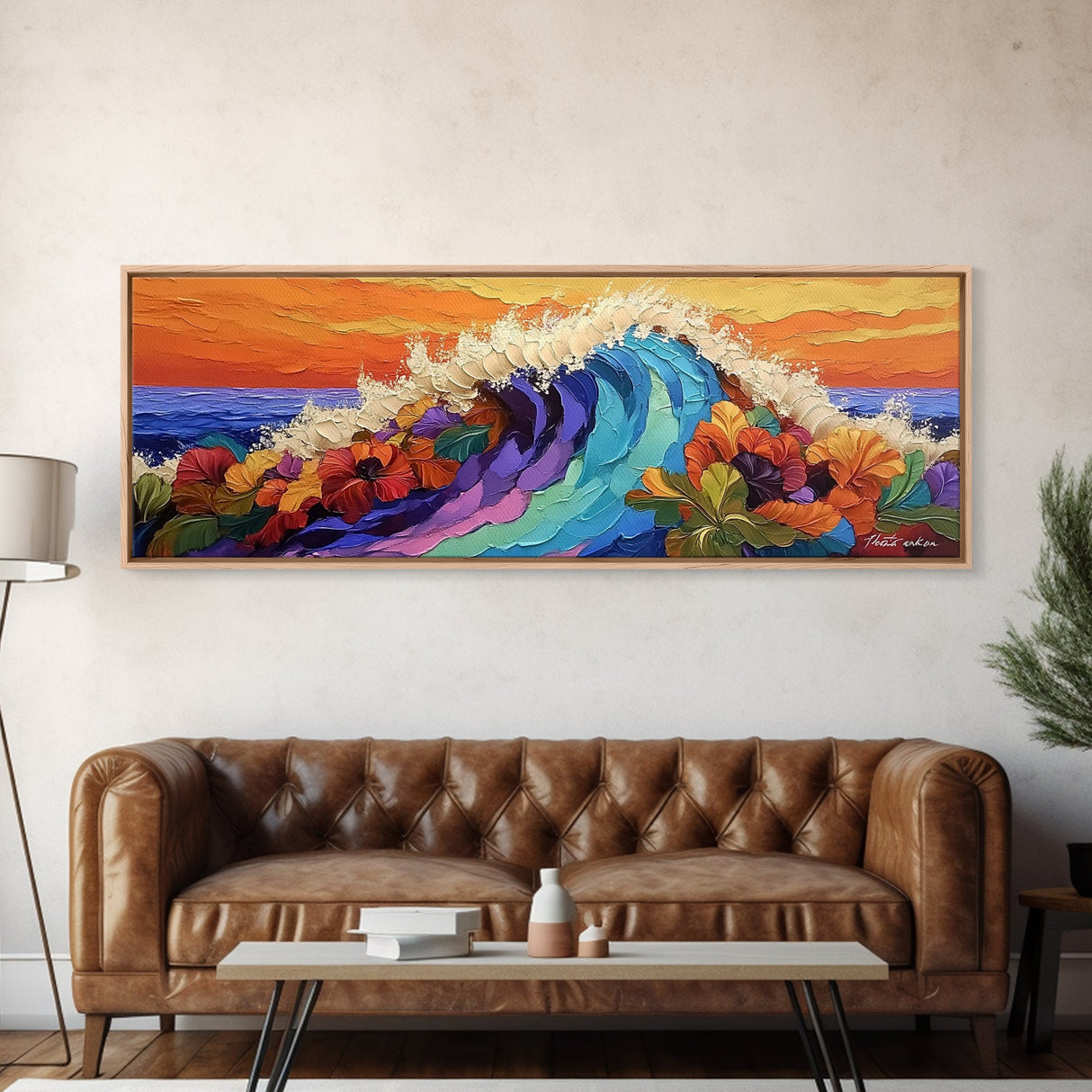 Tropical Surf, Floral Ocean, Hibiscus Wave, Vibrant Beach, Canvas Print, Bathroom Wall Art, Island Decor, Bright Summer Art