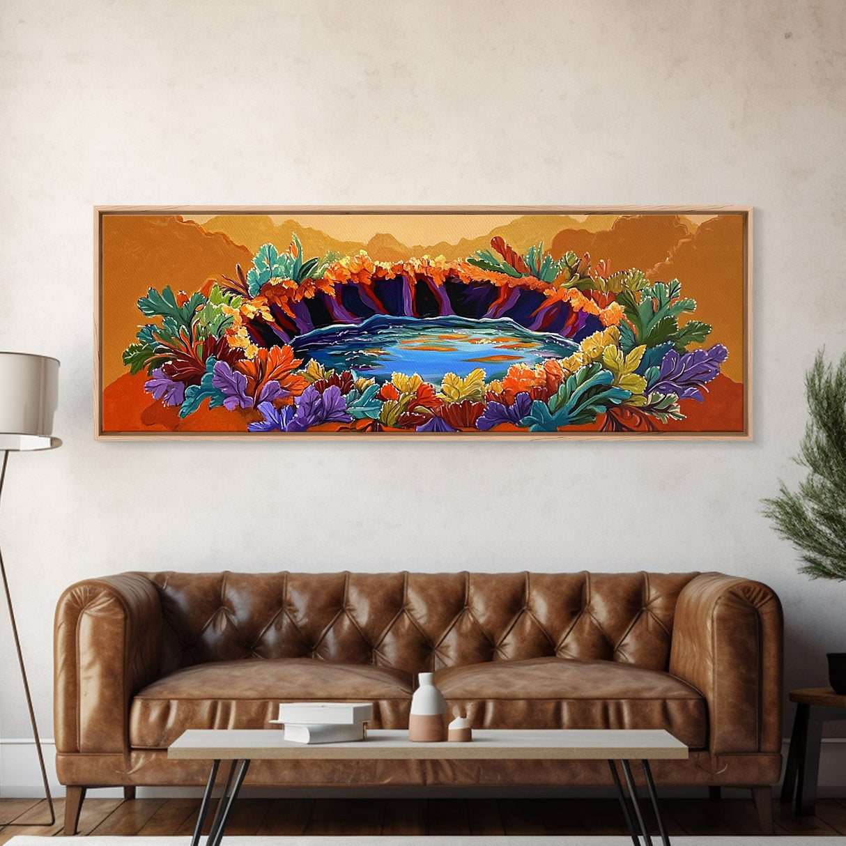 Autumn Oasis, Colorful Pond, Nature Fantasy, Framed Canvas Print, Fall Wall Art, Botanical Bedroom Decor, Vibrant Landscape Painting