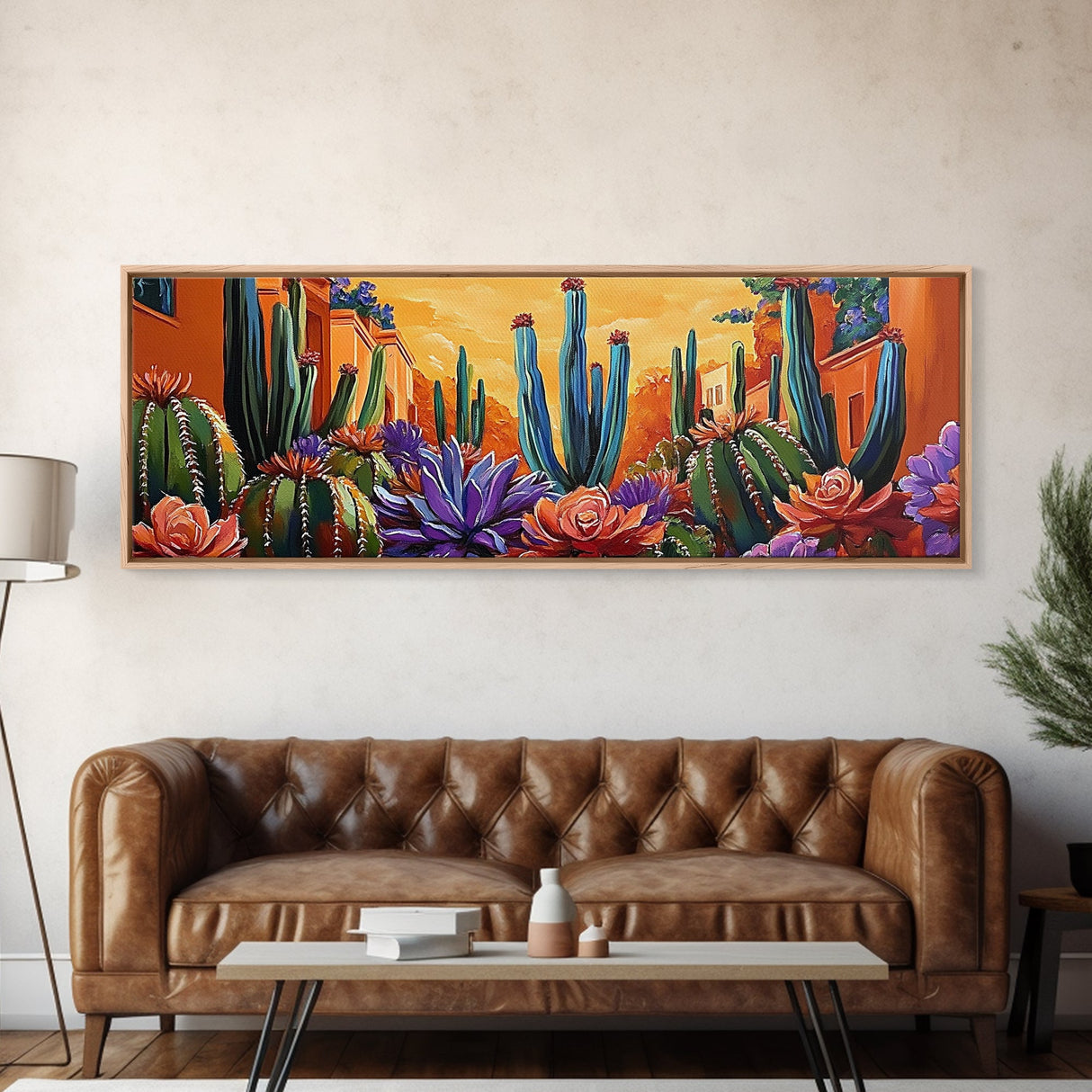Desert Garden Magic, Colorful Cactus Landscape, Urban Nature Art, Framed Canvas Print, Living Room Southwest Decor, Boho Sunset Wall Art