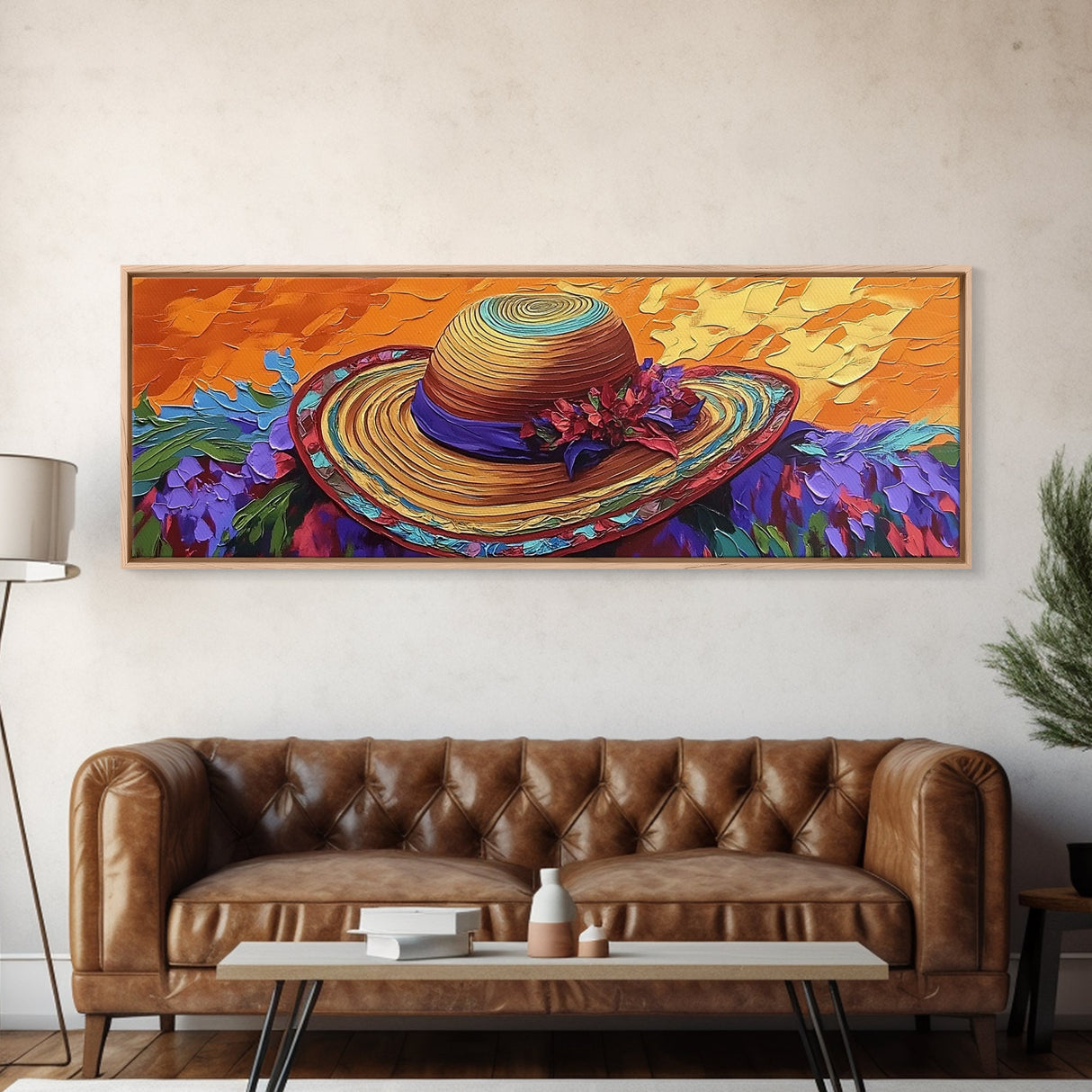 Sun Hat Painting, Floral Accent, Bold Texture, Summer Vibes, Framed Canvas Print, Boho Wall Art, Bedroom or Dressing Room Decor