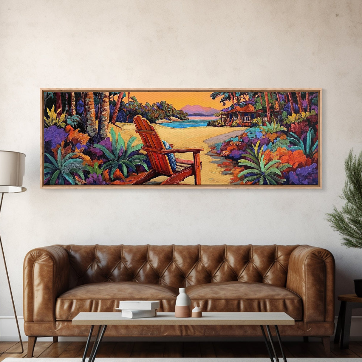 Peaceful Beach Chair, Vibrant Sunset Retreat, Tropical Escape Wall Art, Framed Canvas Print, Vacation Home Decor, Boho Island Artwork