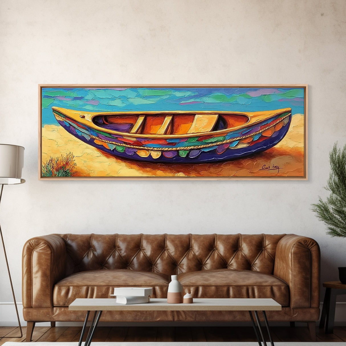 Colorful Canoe Art, Vibrant Coastal Boat, Tropical Beach Vibes, Canvas Print, Boho Beach Decor, Nautical Wall Art, Bathroom Art