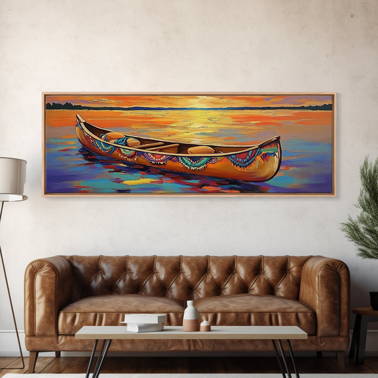 Sunset Lake Canoe, Peaceful Evening Art, Autumn Water Scene, Canvas Print, Rustic Cabin Wall Art, Colorful Lakehouse Decor