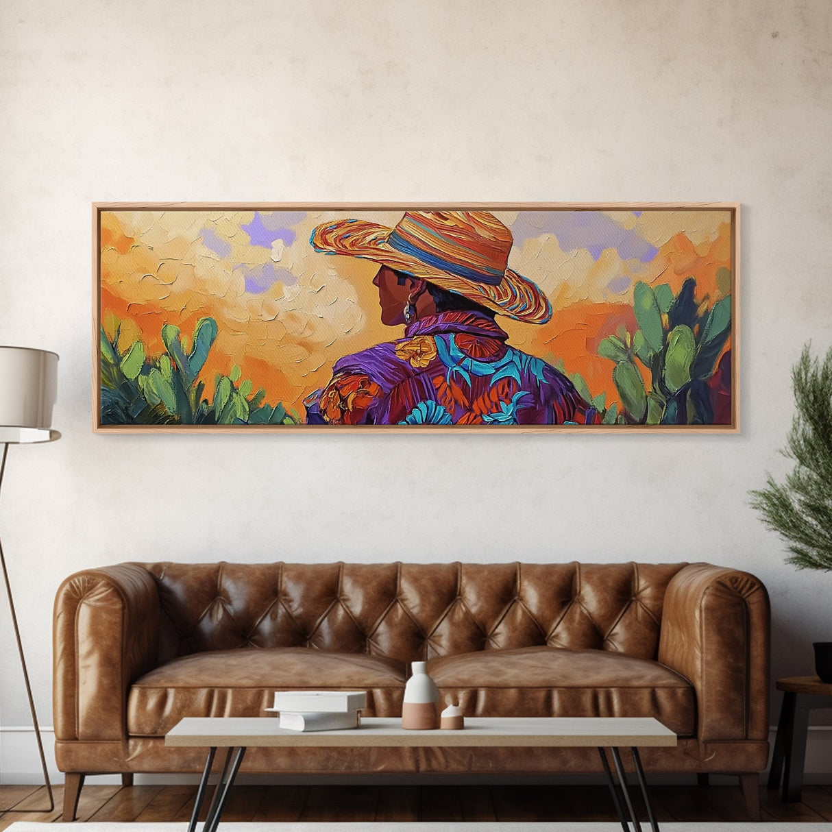 Mexican Cowboy, Sunset Western Portrait, Vibrant Hat Man, Desert Decor, Framed Canvas Print, Boho Art, Rustic Living Room Wall Art