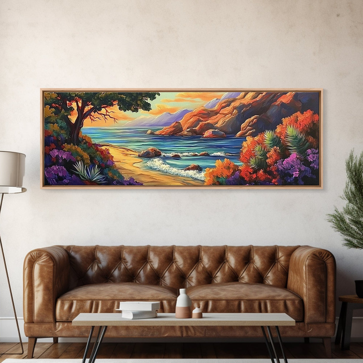 Tranquil Beach, Ocean Breeze, Sunset Cliffs, Canvas Print, Vibrant Seascape Wall Art, Coastal Living Room Decor, Boho Beach Art