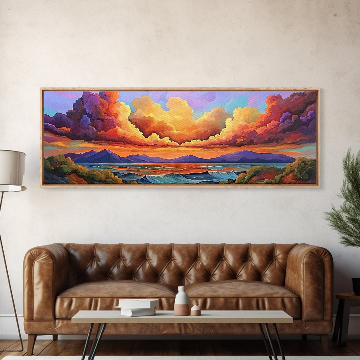 Sunset Waves, Vibrant Clouds, Mountain Sea View, Framed Canvas Print, Colorful Seascape Art, Moody Bedroom Decor, Ocean Landscape