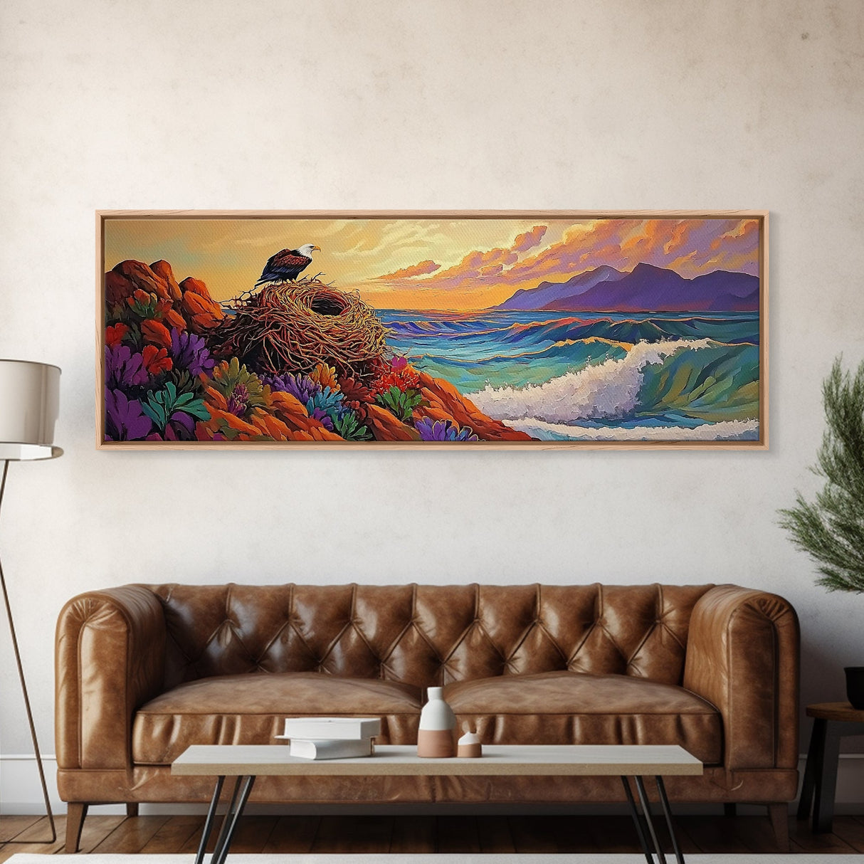 Eagle Nest Painting, Coastal Wildlife Scene, Framed Canvas Print, Ocean View Wall Art, Nature Lover Decor, Office or Living Room