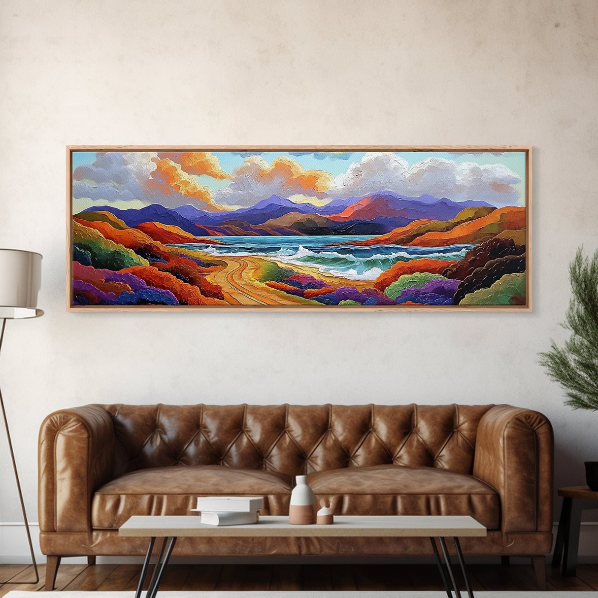 Colorful Mountains, Ocean Road, Vibrant Sunset, Framed Canvas Print, Scenic Nature Wall Art, Coastal Living Room Decor, Bold Art